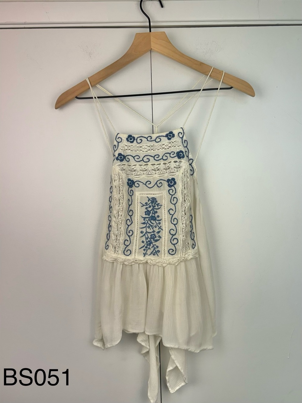 Free People Ivory Blue Embroidered Open Back Boho Resort Tunic S